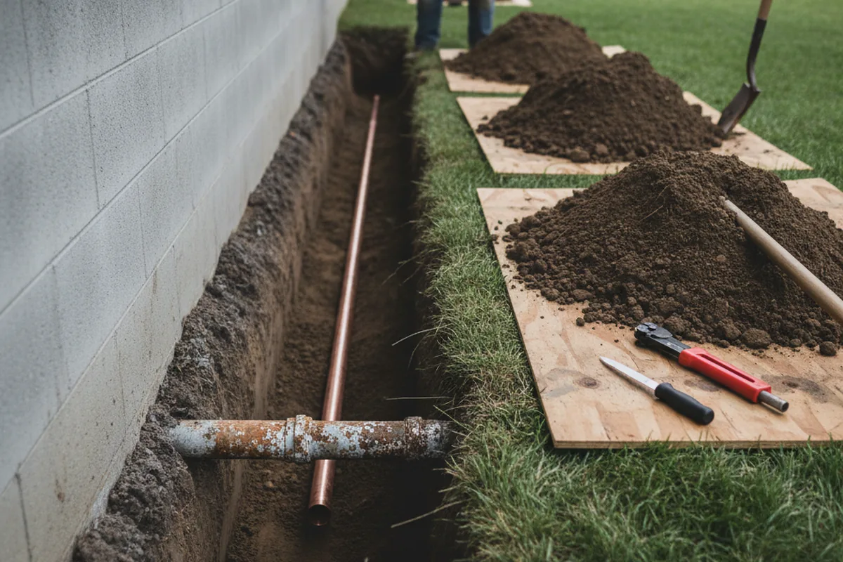 Excavated water line trench during Water Heater Repair in Ithaca